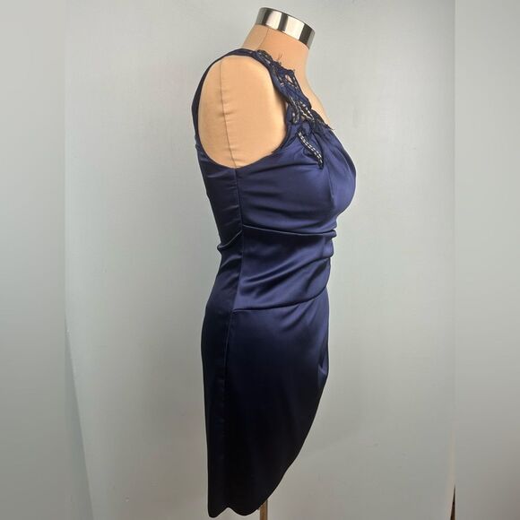 City Triangles Satin Navy Cocktail Dress One Shoulder Appliques Cutouts Sz 3 - Picture 4 of 15